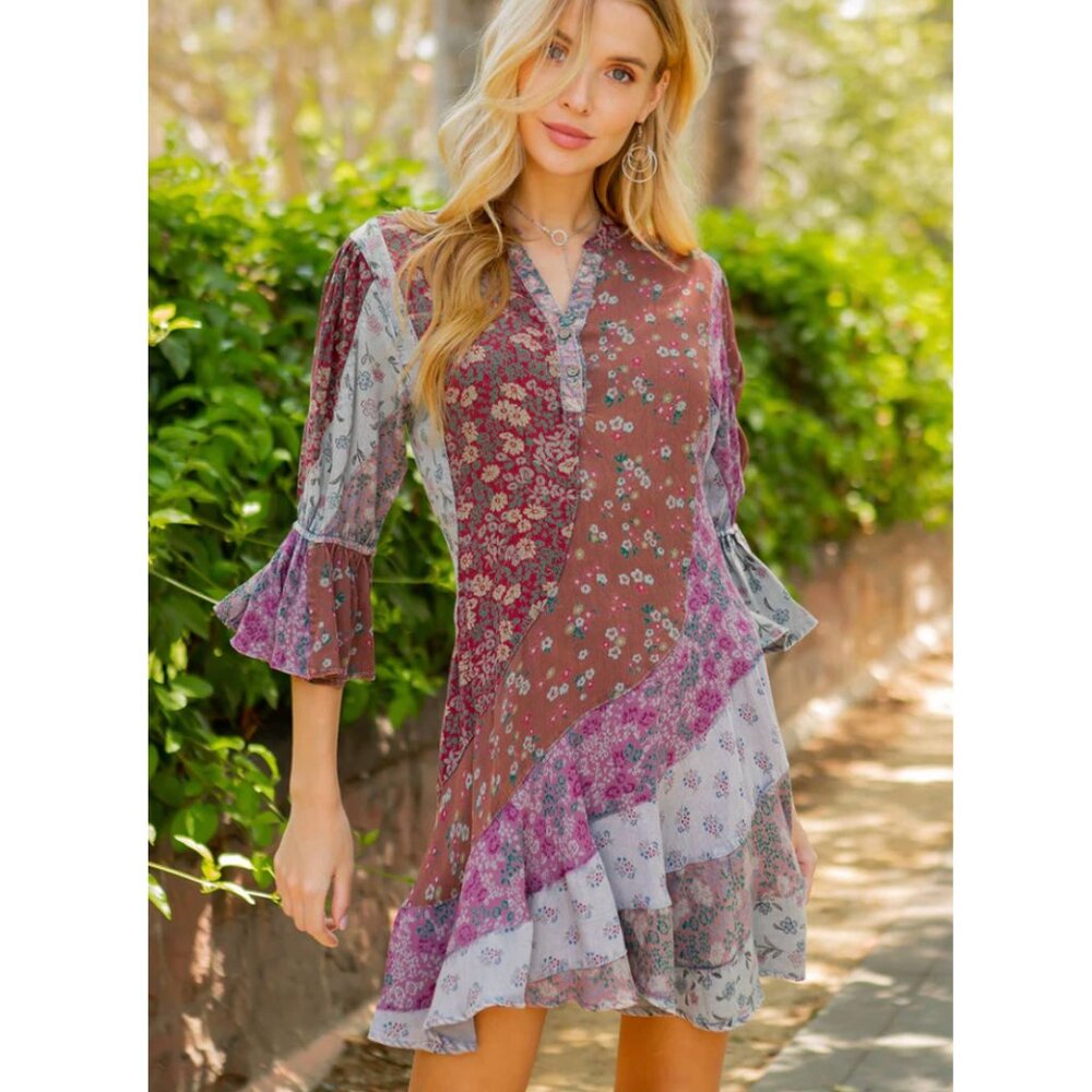 YOUNG THREADS Boho Flowy Hippie Patchwork Overdyed Large Babydoll Mini Dress - Picture 2 of 8